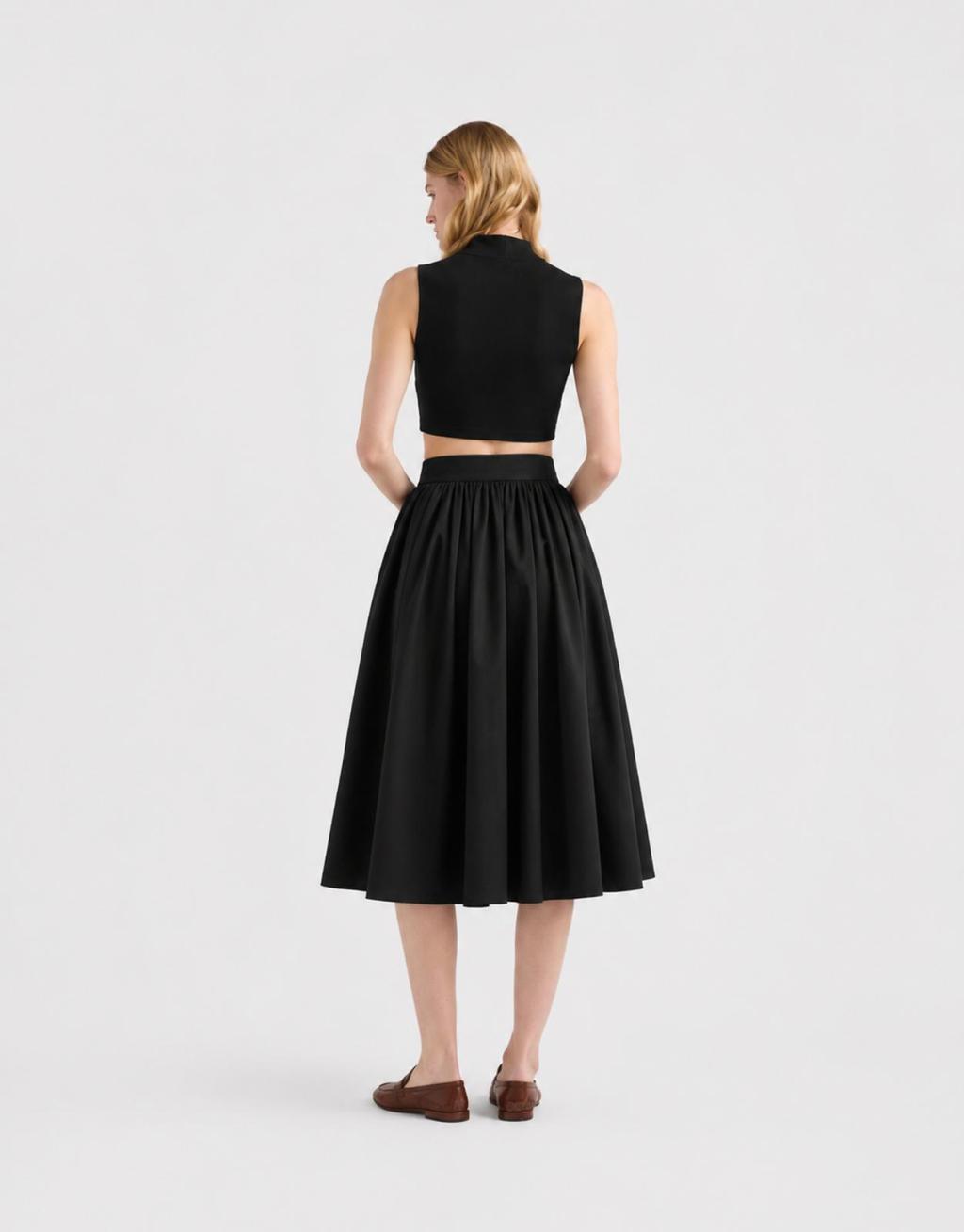 Ruffled Gabardine Midi Skirt